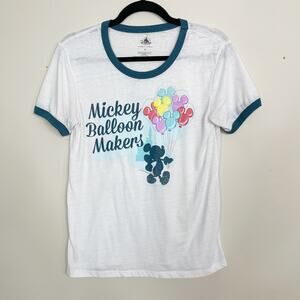 Disney Parks Mickey Ballon Makers Tee White Blue Teal Womens Small Short Sleeve